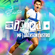 Professional soccer player, Jackson Castro, celebrates a goal in his official player signing graphic for forward madison fc.