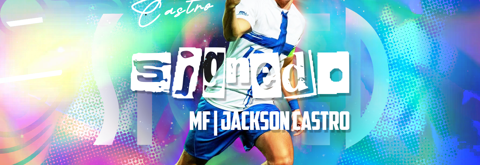 Professional soccer player, Jackson Castro, celebrates a goal in his official player signing graphic for forward madison fc.