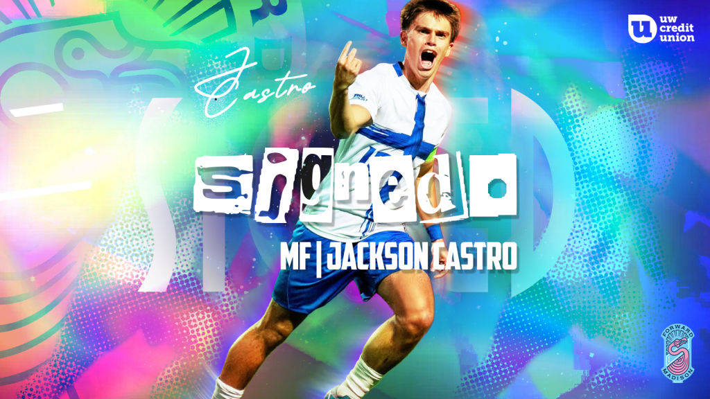 Professional soccer player, Jackson Castro, celebrates a goal in his official player signing graphic for forward madison fc.