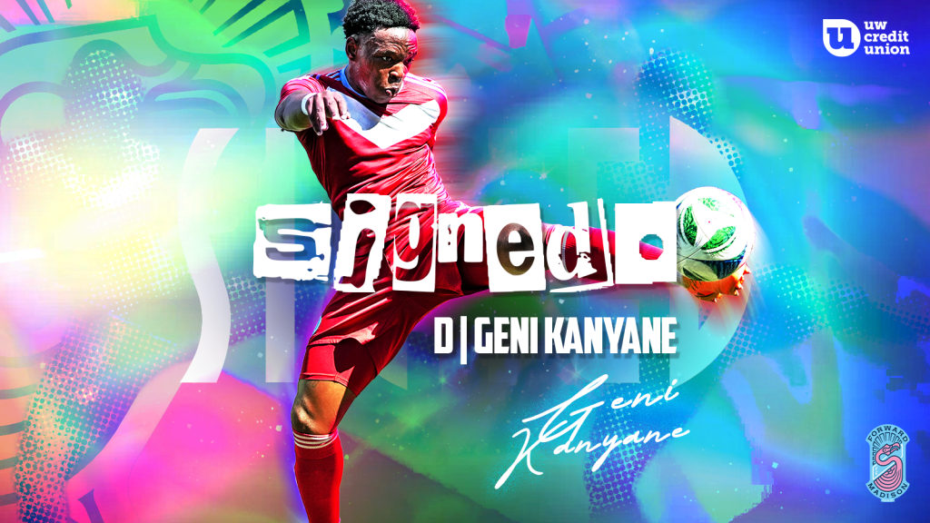 Soccer Defender, Geni Kanyane, kicking a soccer ball in official Forward Madison FC 2026 signing graphic. 