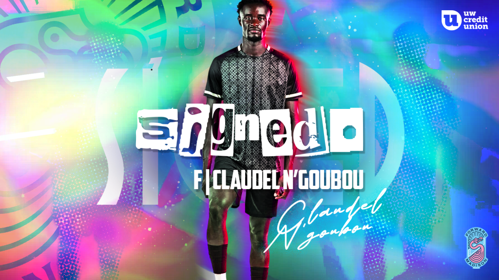 French footballer, Claudel N'goubou, poses in Forward Madison FC official player signing graphic.