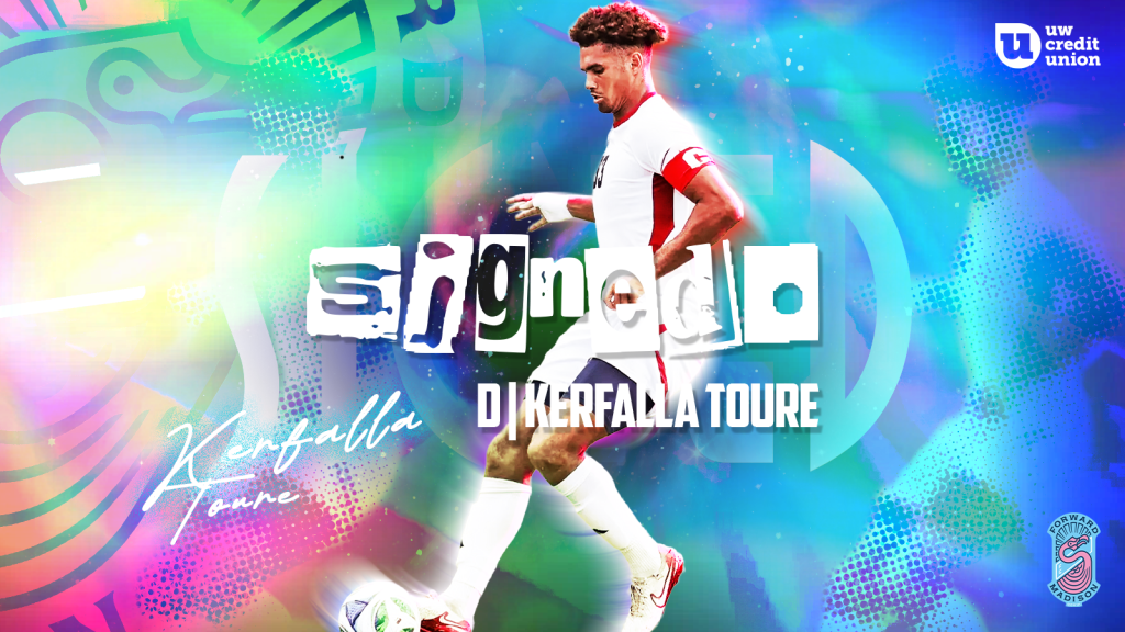 Soccer player, Kerfalla Toure, kicks a ball in Forward Madison FC Official Player Signing Graphic. 