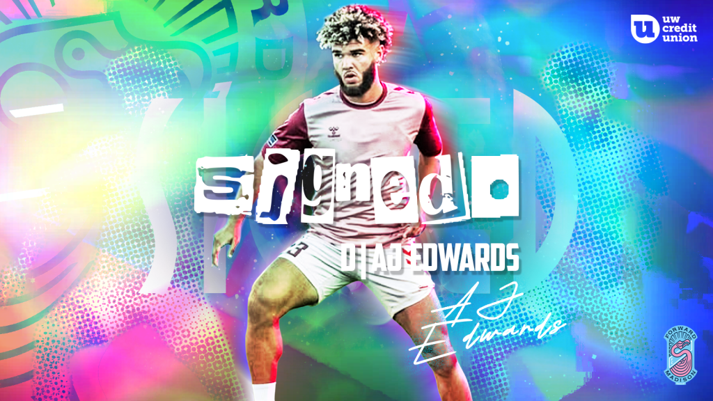 Professional soccer player, AJ Edwards, in official Forward Madison FC Signing Graphic. 