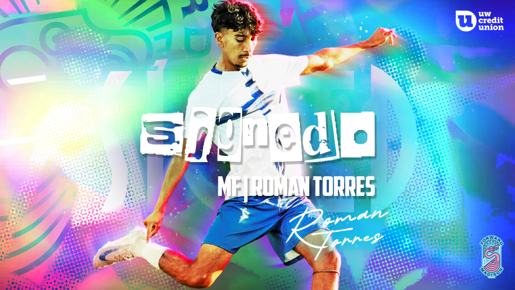 Professional soccer player, Roman Torres, kicks a ball in official Forward Madison FC signing graphic. 