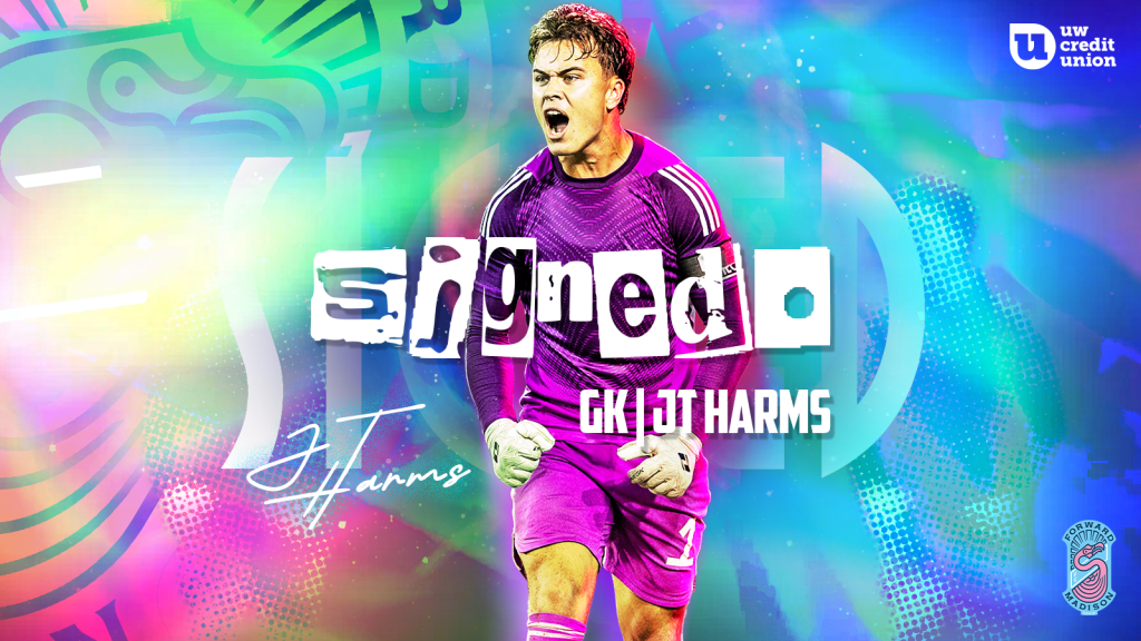 Professional goalkeeper, JT Harms, yells in official Forward Madison FC signing graphic.
