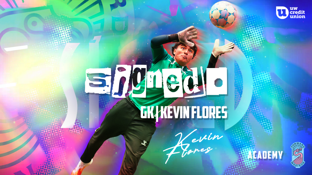 Goalkeeper, Kevin Flores, blocks a shot in official Forward Madison FC signing graphic 